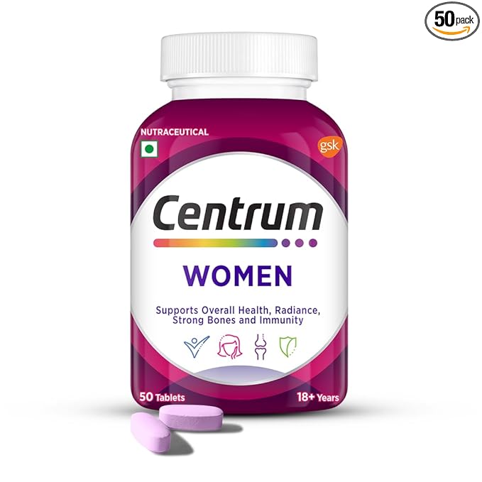 Centrum Women, World'S No.1 Multivitamin With Biotin, Vitamin C & 21 Vital Nutrients For Overall Health, Radiance, Strong Bones & Immunity (Veg) Pack Of 50 Tablets, 73 Grams, 50 Servings