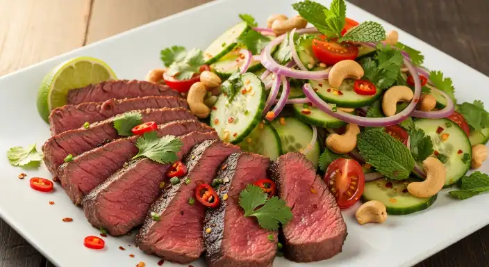 Seared Flank Steak with Thai Cucumber and Cashew Salad