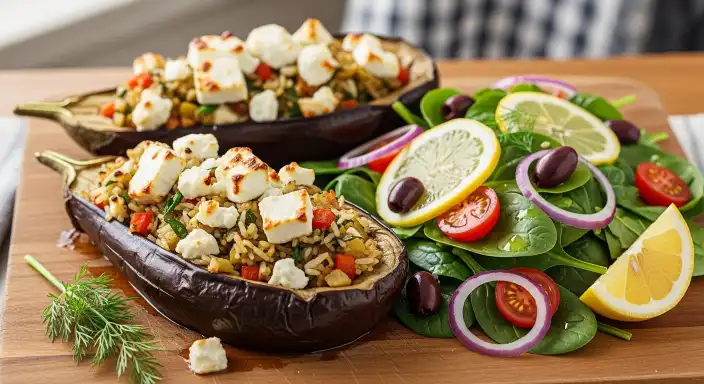 Stuffed Eggplant with Feta & Spinach Salad